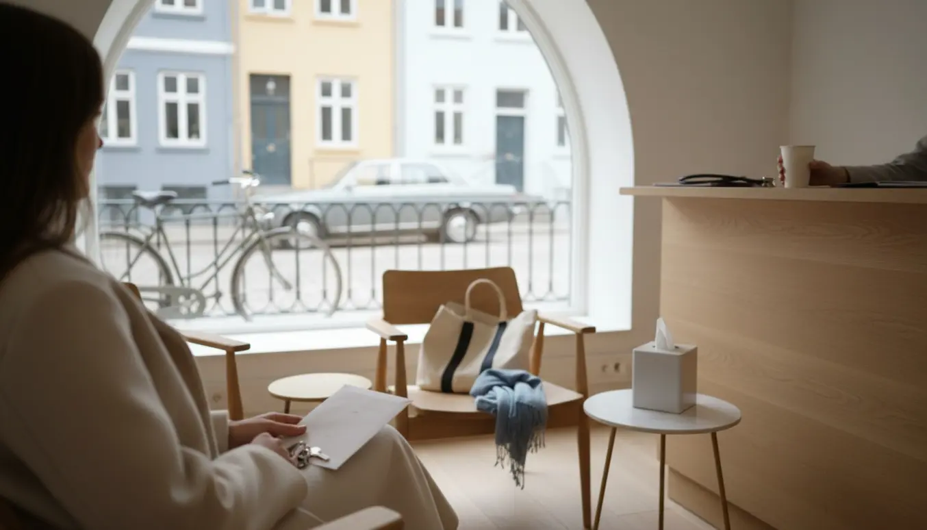 Venteværelse på en psykiatrisk klinik i København set bagfra med patient og åben bildør mod gaden.