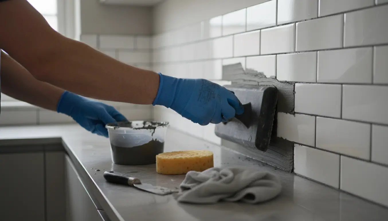 Nærbillede af påføring af mørkegrå fuge på en ny flise-backsplash over en grå naturstensbordplade.