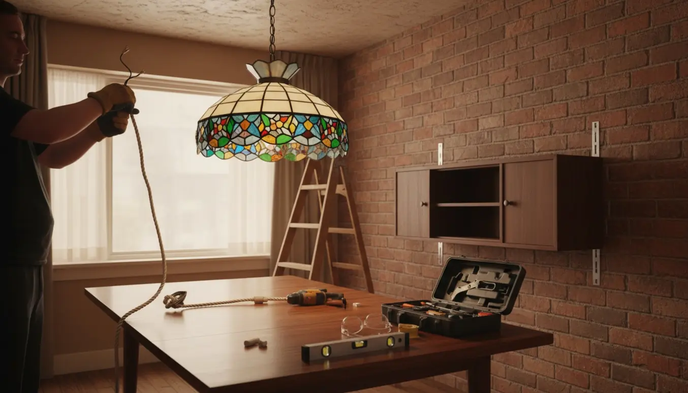 Tung Tiffany-lampe monteres i pudset loft, mens et skoskab forankres til murstensvæg med værktøj synligt.