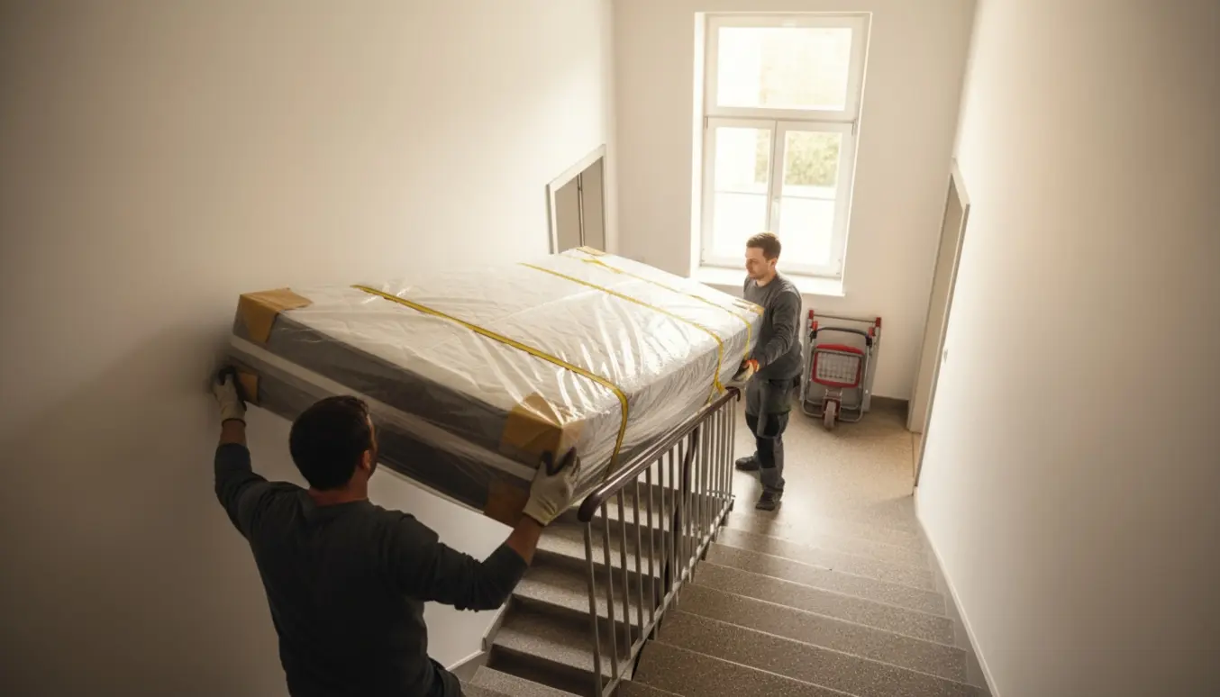 To personer bærer en indpakket boxmadras op ad en trappe i en lejlighed, uden at ansigter er synlige.