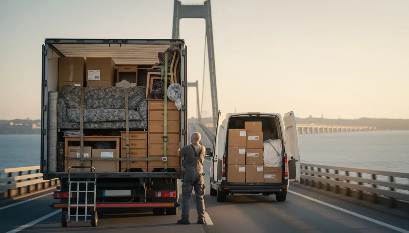 Flyttebil og varevogn pakket med møbler og flyttekasser ved passage af Storebæltsbroen i varmt aftenskær.