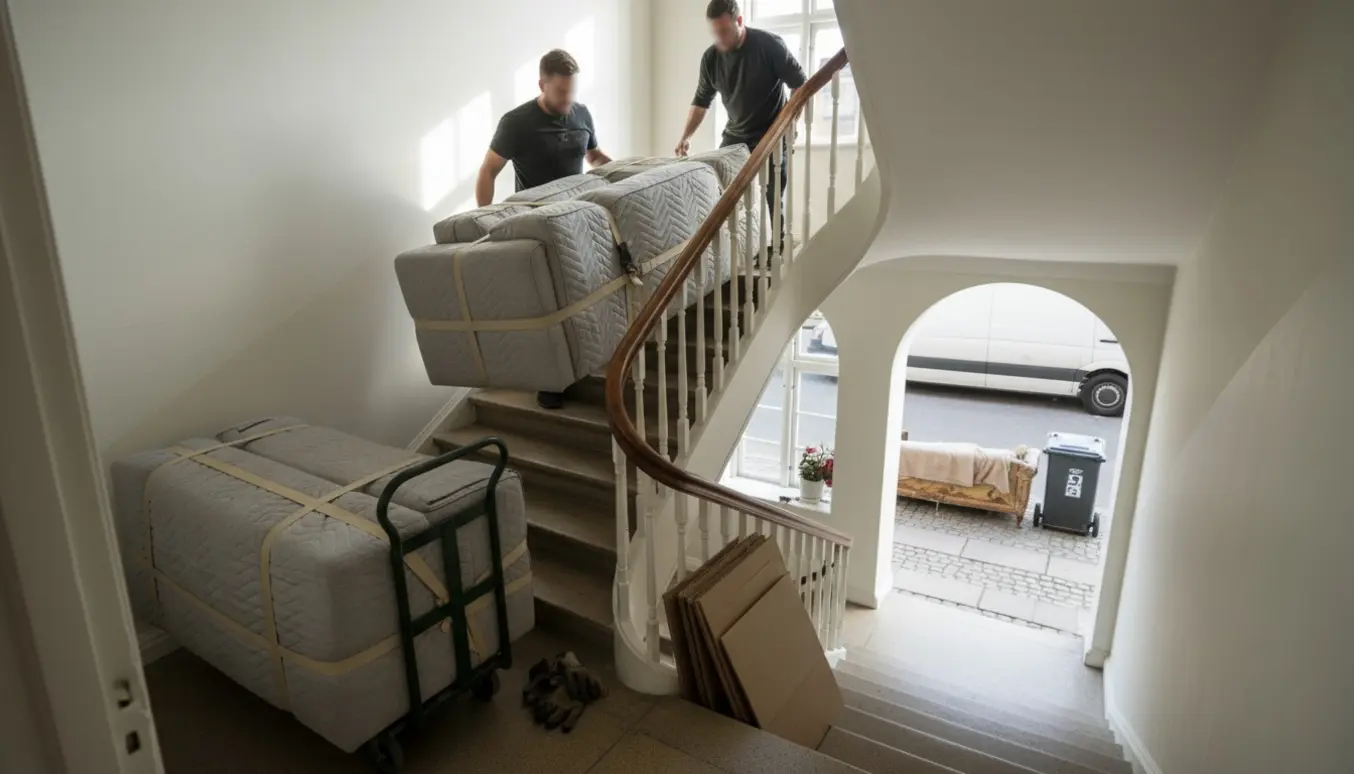 Flyttefolk bærer en modulsofa ud af en lys københavnsk trappeopgang mod en ventende flyttevogn, mens en slidt sofa står på fortovet til storskrald.