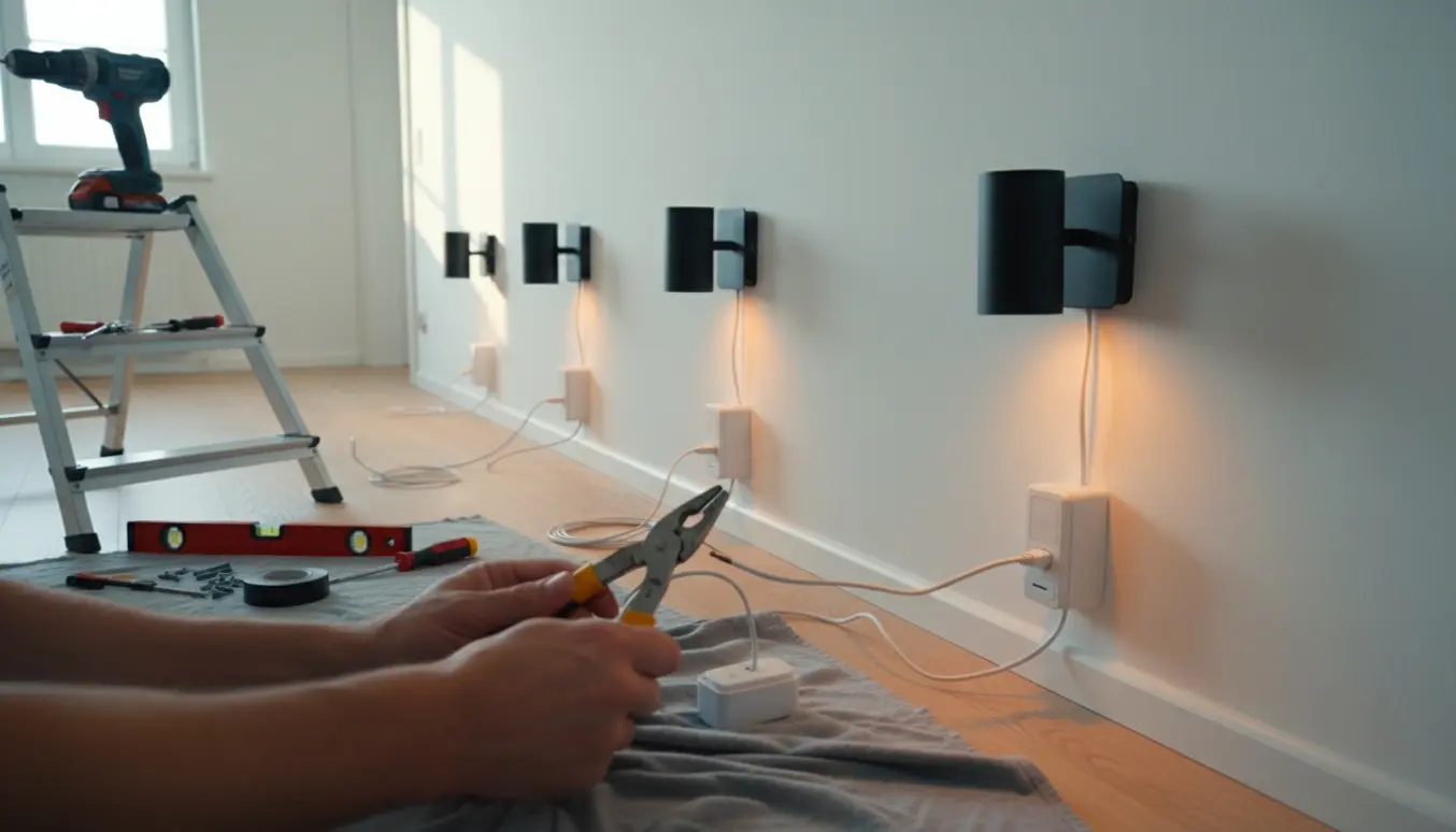 Nærbillede af installation af otte væglamper med ledninger, dimmere og fjernbetjente stikkontakter i en lys gang.
