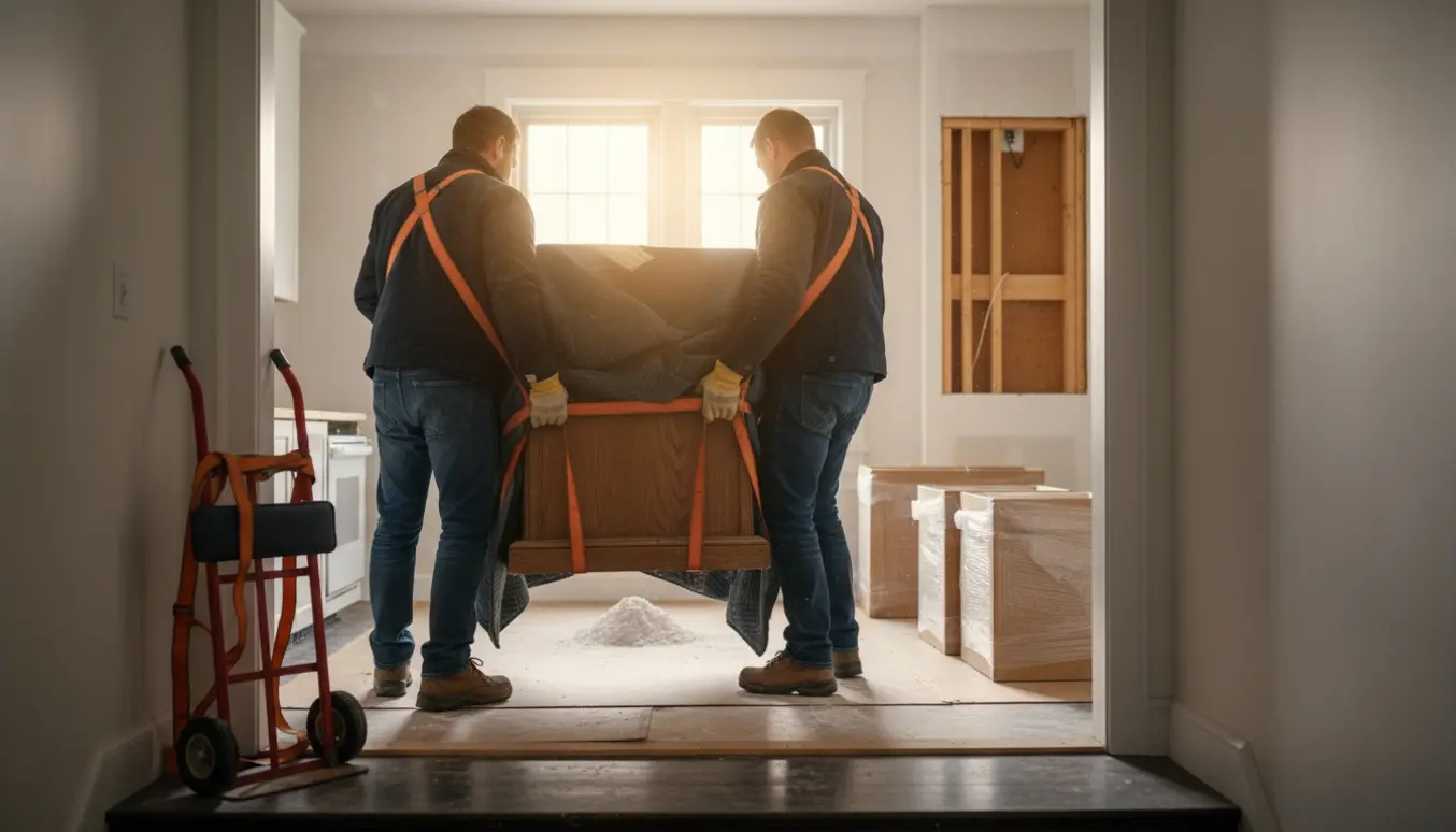 Personer bærer ind og ud af køkkenskabe ved en opgang, med en rød rullevogn og en delvist nedrevet køkkenvæg i lejligheden.