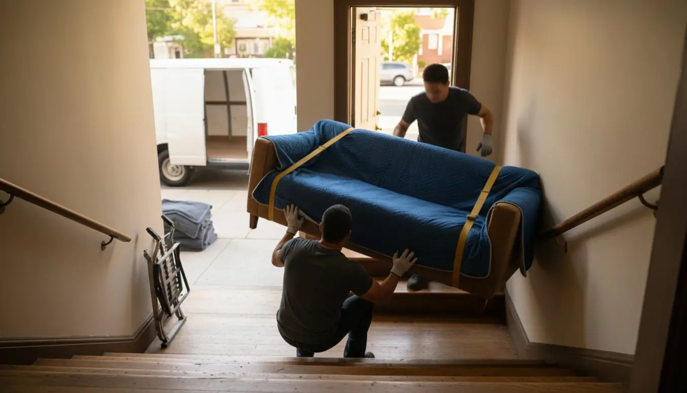To hjælpere løfter en indpakket sofa op ad en trappe fra fortovet mod en lejlighed.