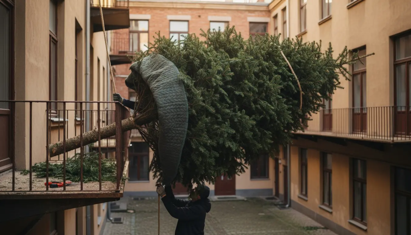 Et næsten 3 meter højt juletræ bæres ned fra 3. sal til gården med reb, tæppe og sav, mens hænder guider det.