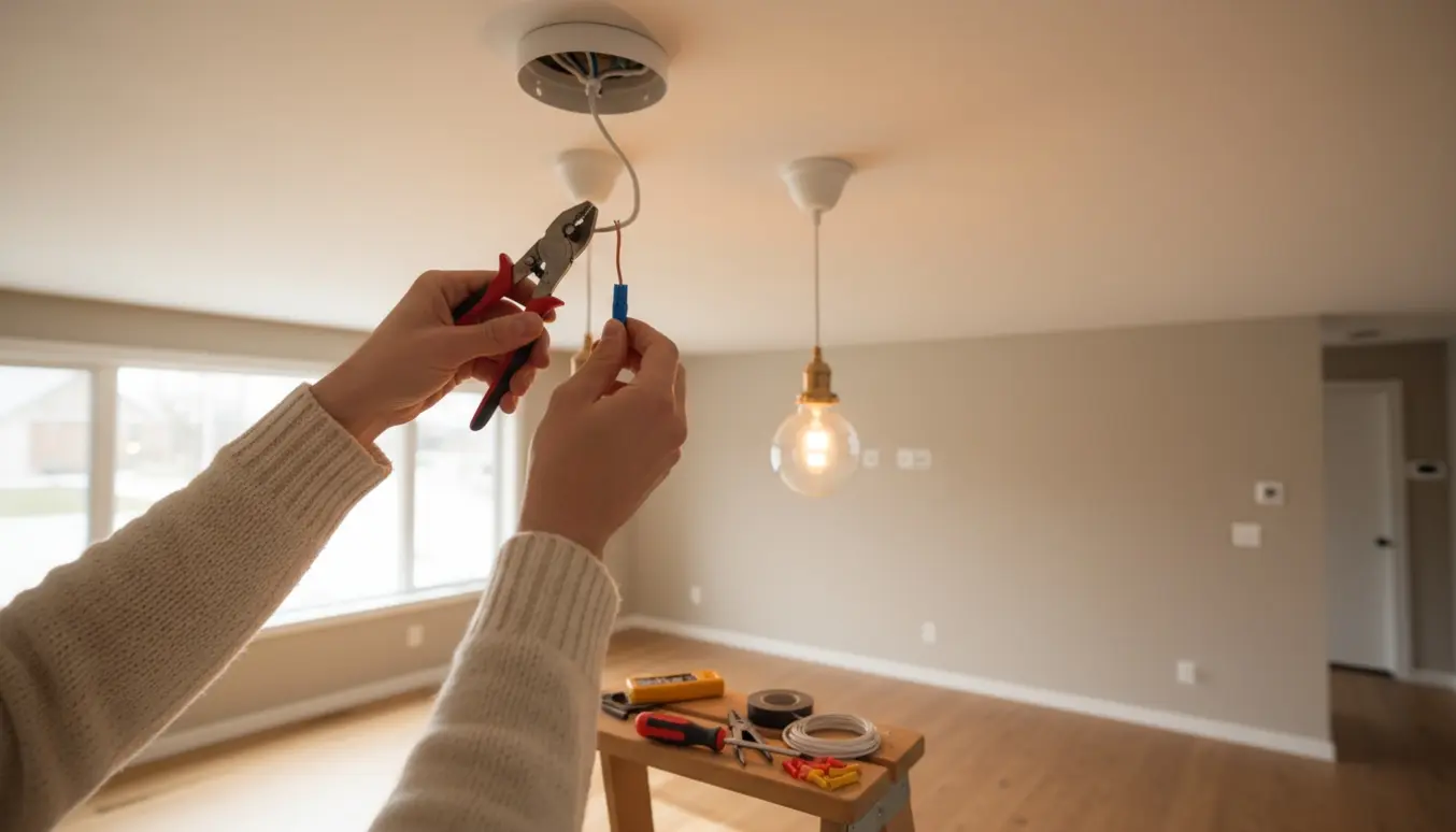 Hænger to loftlamper op; en hånd reparerer en kappet ledning med wirestrips og stik, ingen ansigter synlige.