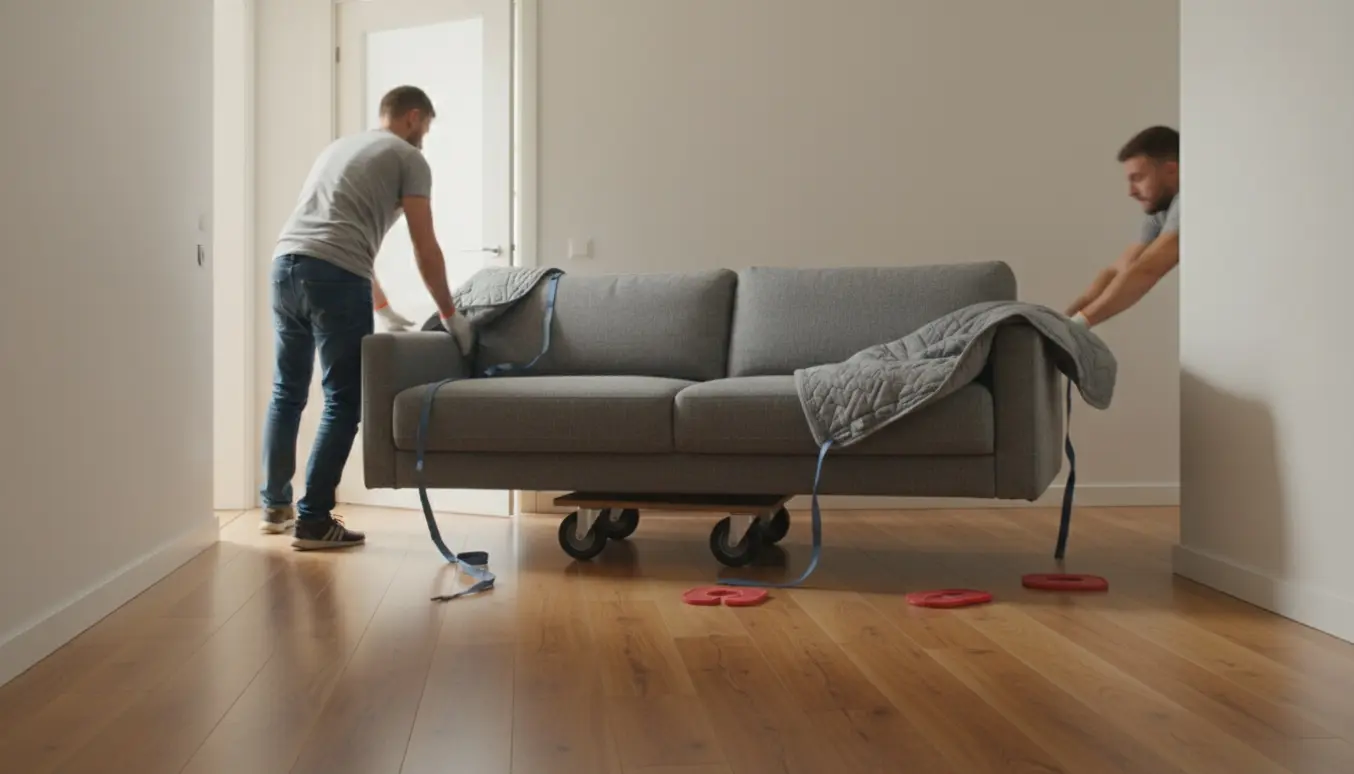 En sofa på cirka 2,1 meter bliver flyttet gennem en lys lejligheds dør på flyttevogn og tæpper uden synlige ansigter.
