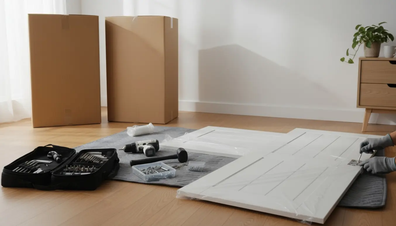 Uåbnede fladpakker og værktøj klar til at samle et hvidt garderobeskab i et lyst værelse.