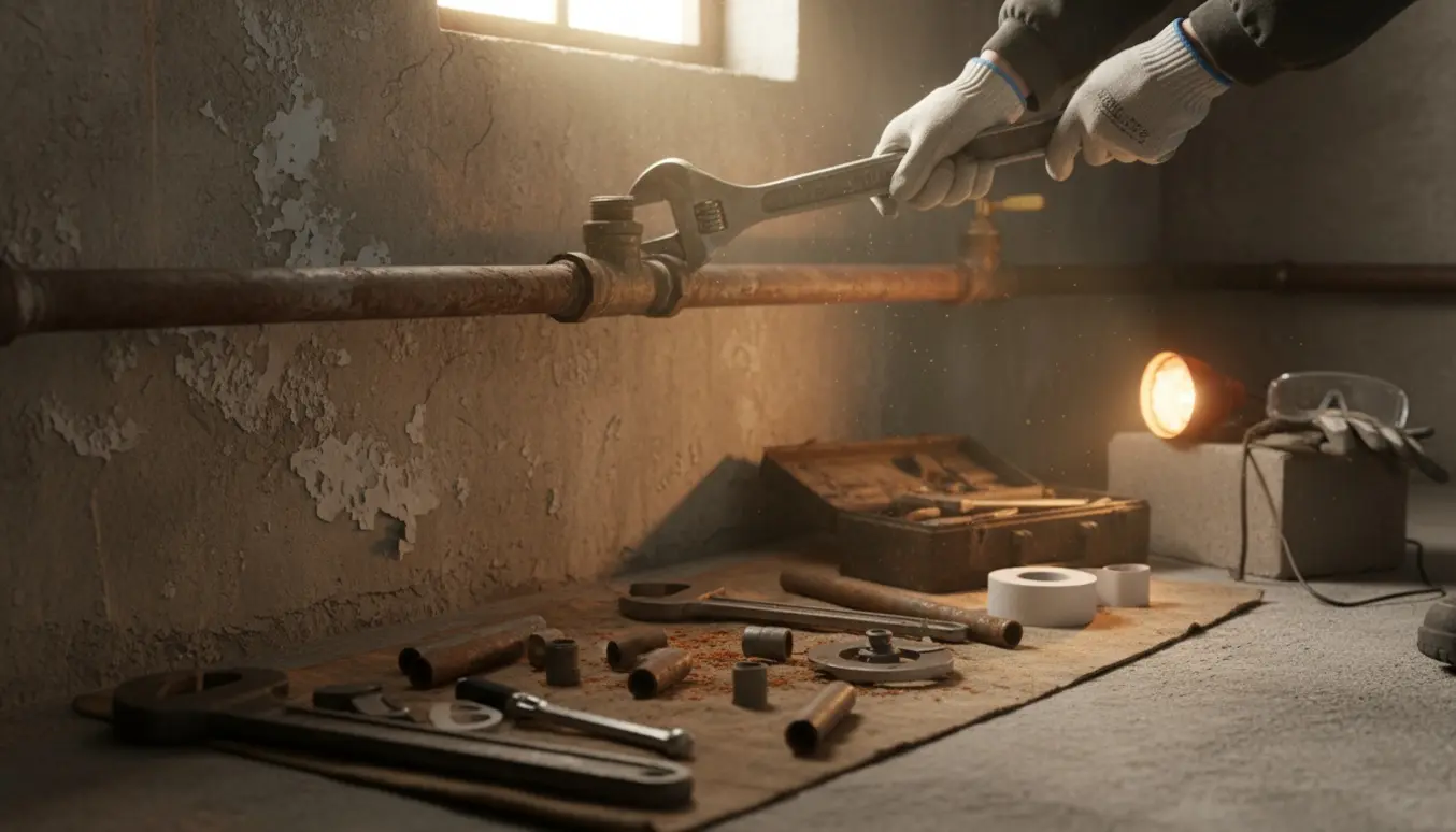 Korroderet gasrør i et kælderrum med værktøj og arbejdshandsker klar til afmontering.