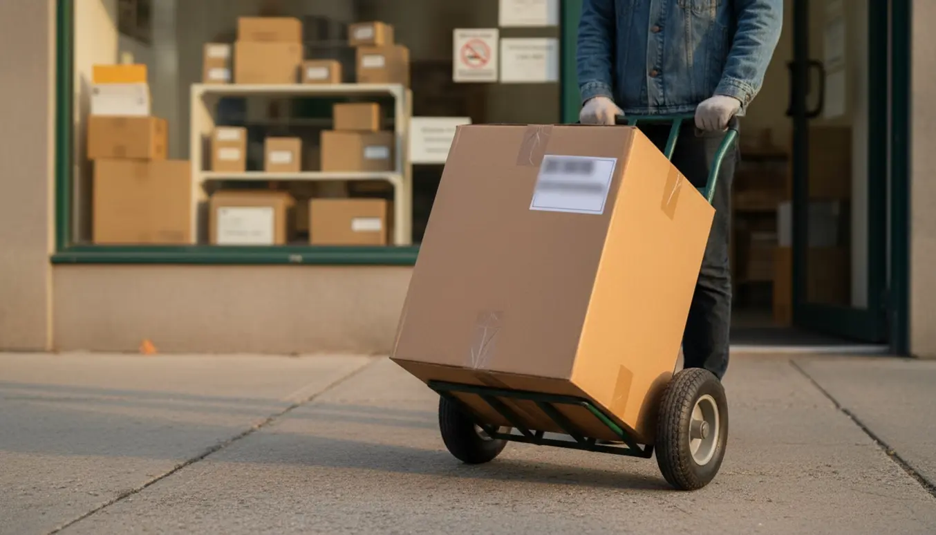 En person triller en stor papkasse på en rullevogn ind i en pakkeudlevering.