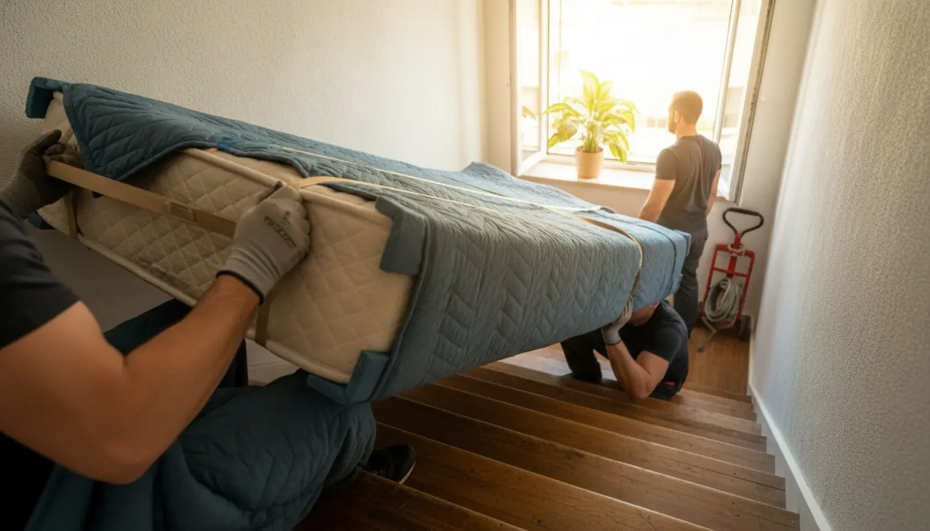 To flyttemænd løfter en seng op ad en smal trappe ved et åbent vindue, beskyttet med flyttetæpper og skumhjørnebeskyttere.