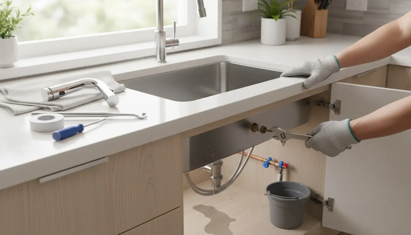 Hænder udskifter et utæt køkkenarmatur med værktøj og nyt armatur på køkkenbordet.