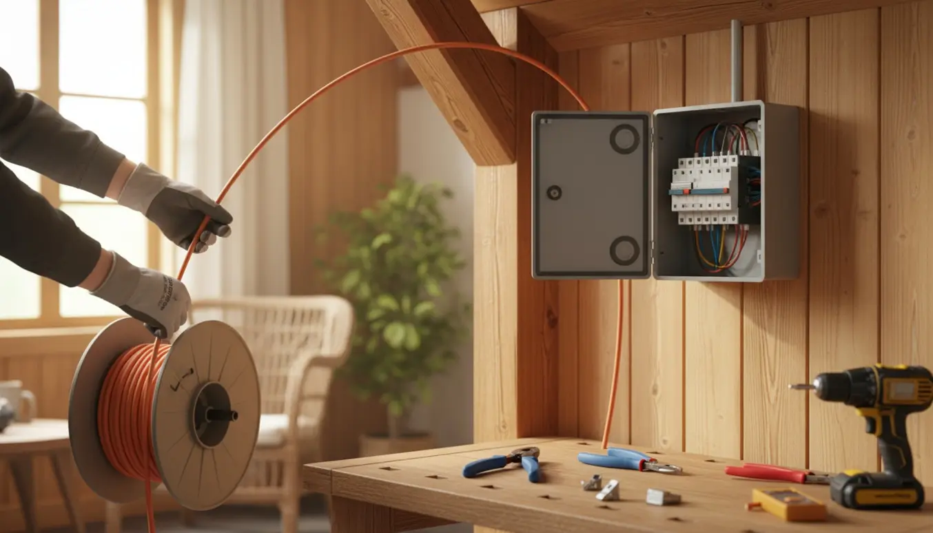 Elektriker trækker ny ledning og arbejder ved en åben el-tavle i et hyggeligt træ-sommerhus.