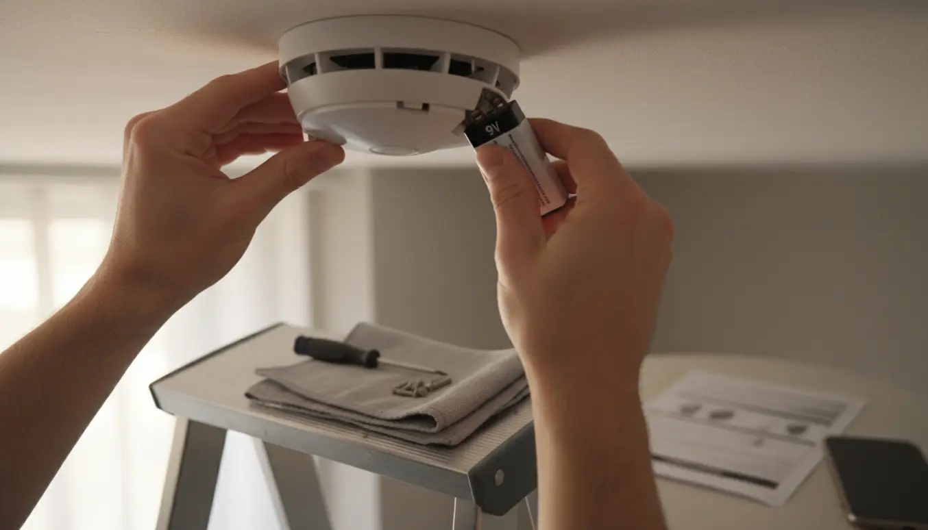 Hænder skifter et 9V-backupbatteri i en loftmonteret røgdetektor.
