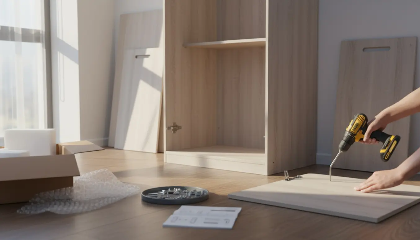 Delvist samlet fladpakket klædeskab i lyst rum med hænder, der bruger unbrakonøgle og værktøj.