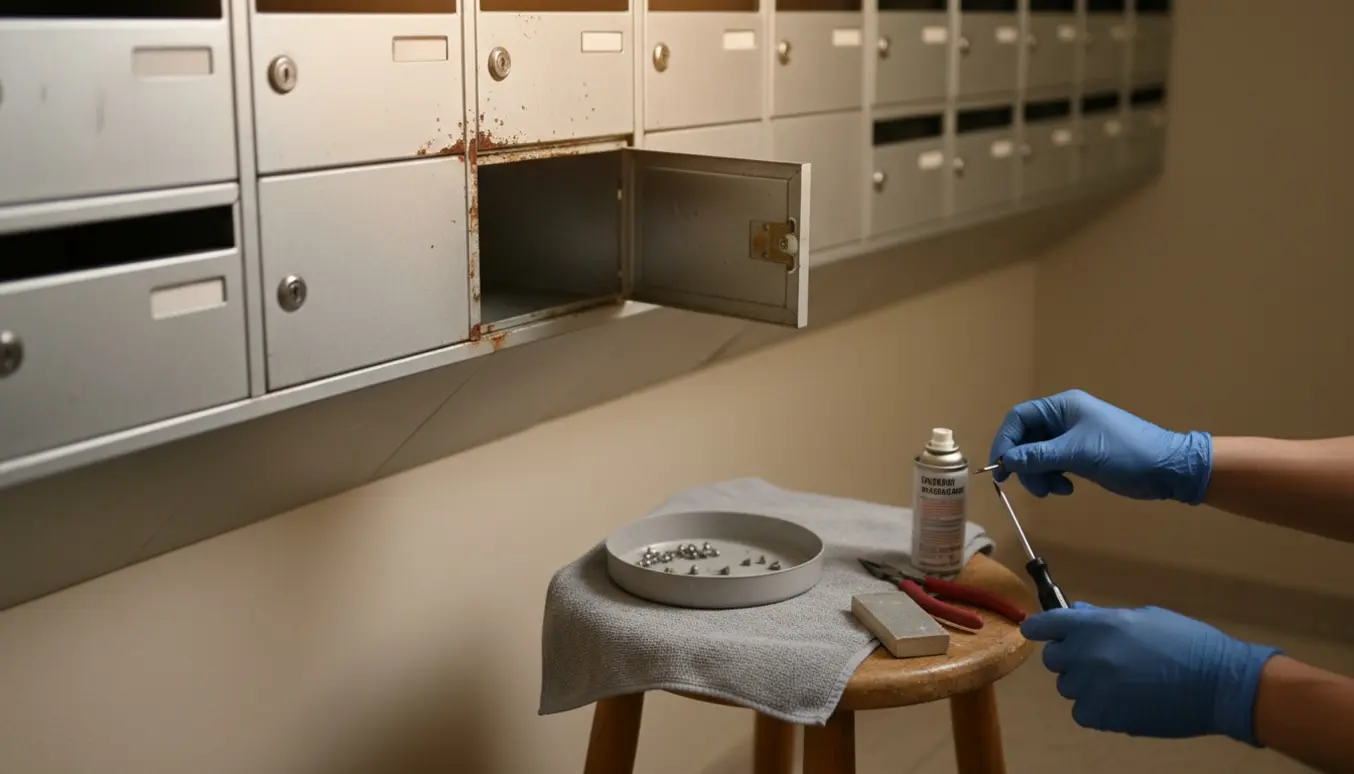 Hænder reparerer en løs postkasselåge med skruetrækker og reservedele i opgangens postrum.