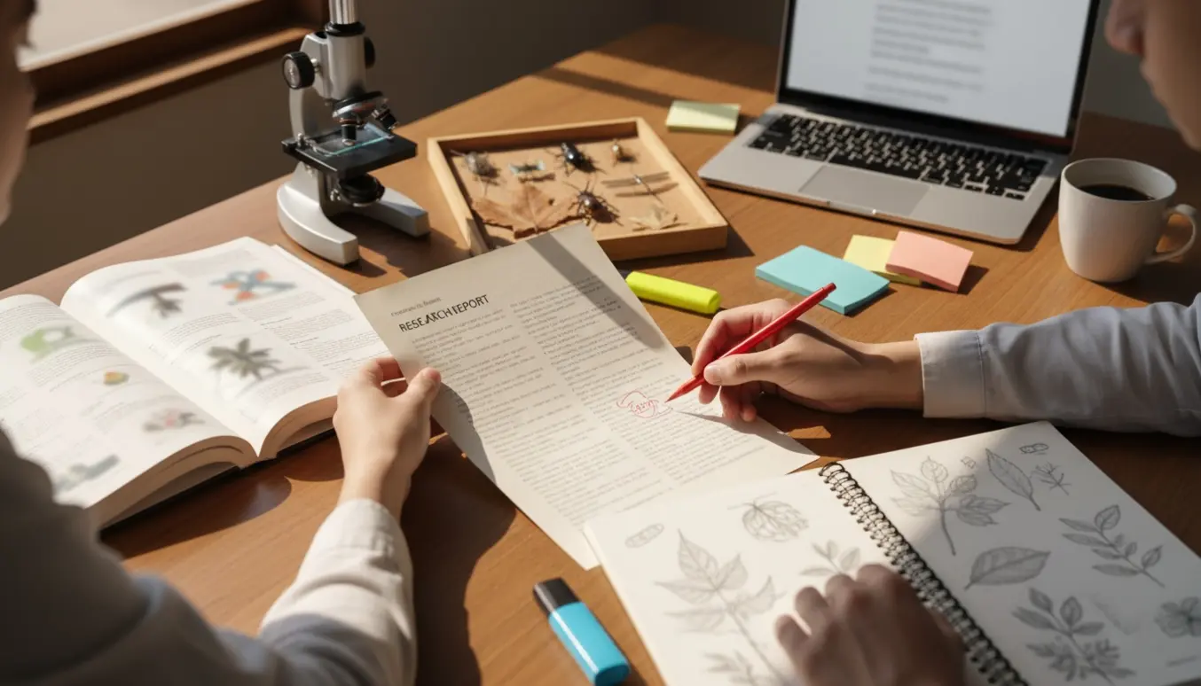 Skrivebord med biologirapport, bøger, mikroskop og hænder, hvor en lærer retter en opgave.