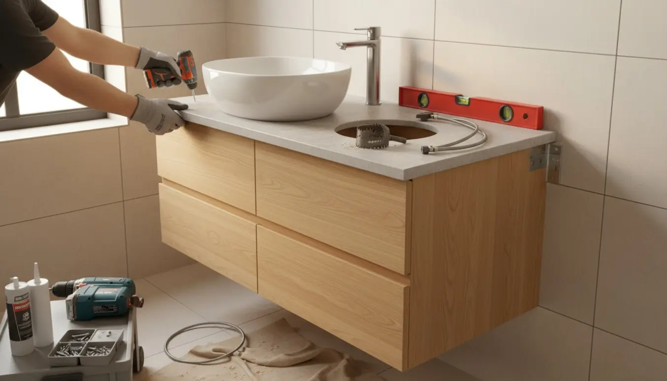 Hænder monterer et badeværelsesmøbel på en flisevæg, skærer hul i bordpladen og sætter en keramisk vask på plads.