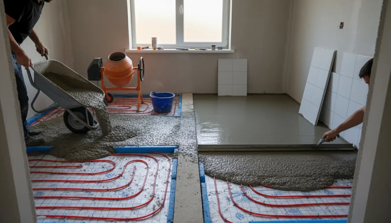To badeværelser under renovering med synlige gulvvarmerør og våd beton, hvor en håndværker glatter betonen ud.