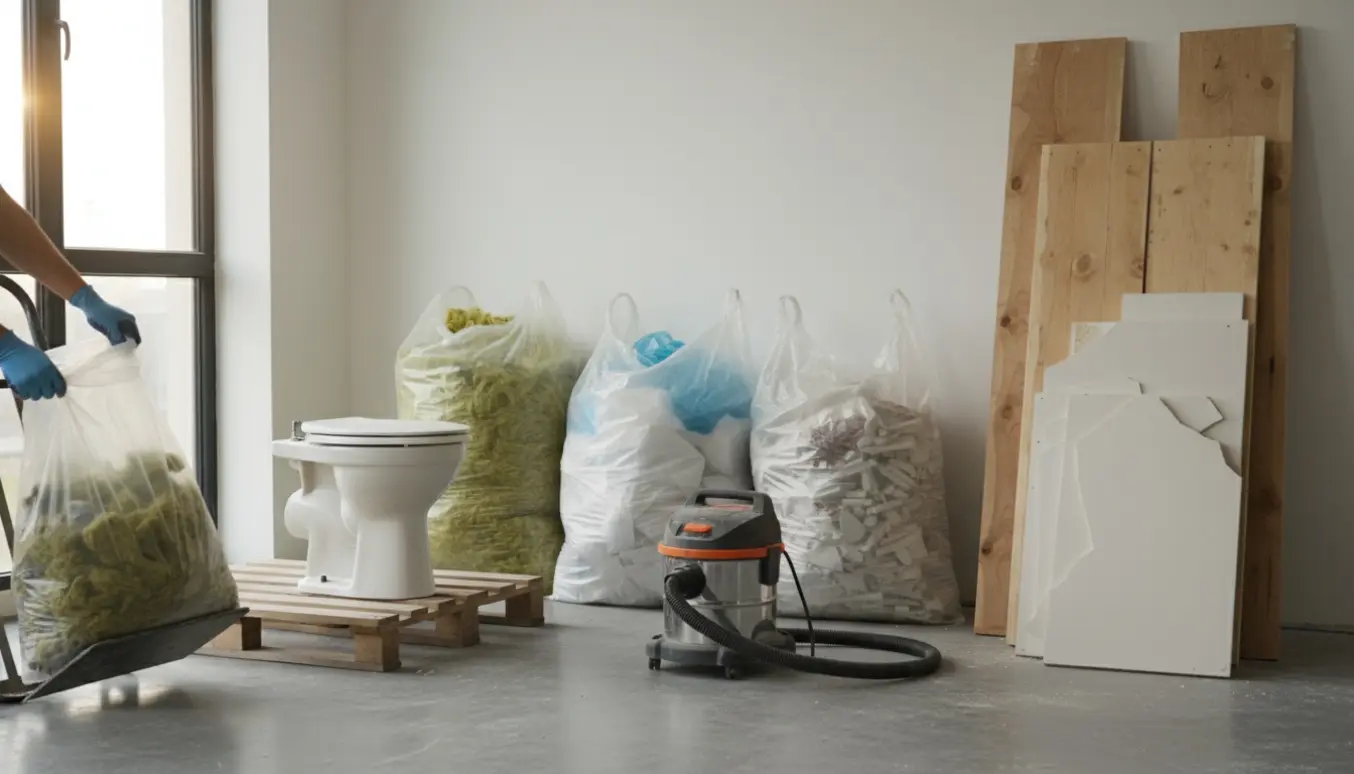 Indendørs opsætning af byggeaffald med stakke af afskåret træ, poser med mineraluld, et toilet og en støvsuger.