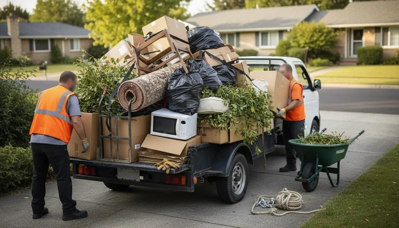 En åben pickup og trailer fyldes med blandet affald på en indkørsel, mens arbejdshænder spænder stropper.