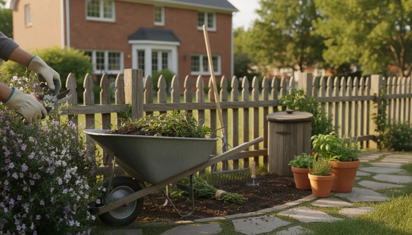 Nærbillede af havearbejde med handsker, beskærersaks, trillebør og nyryddet bed i en solvarm baghave.