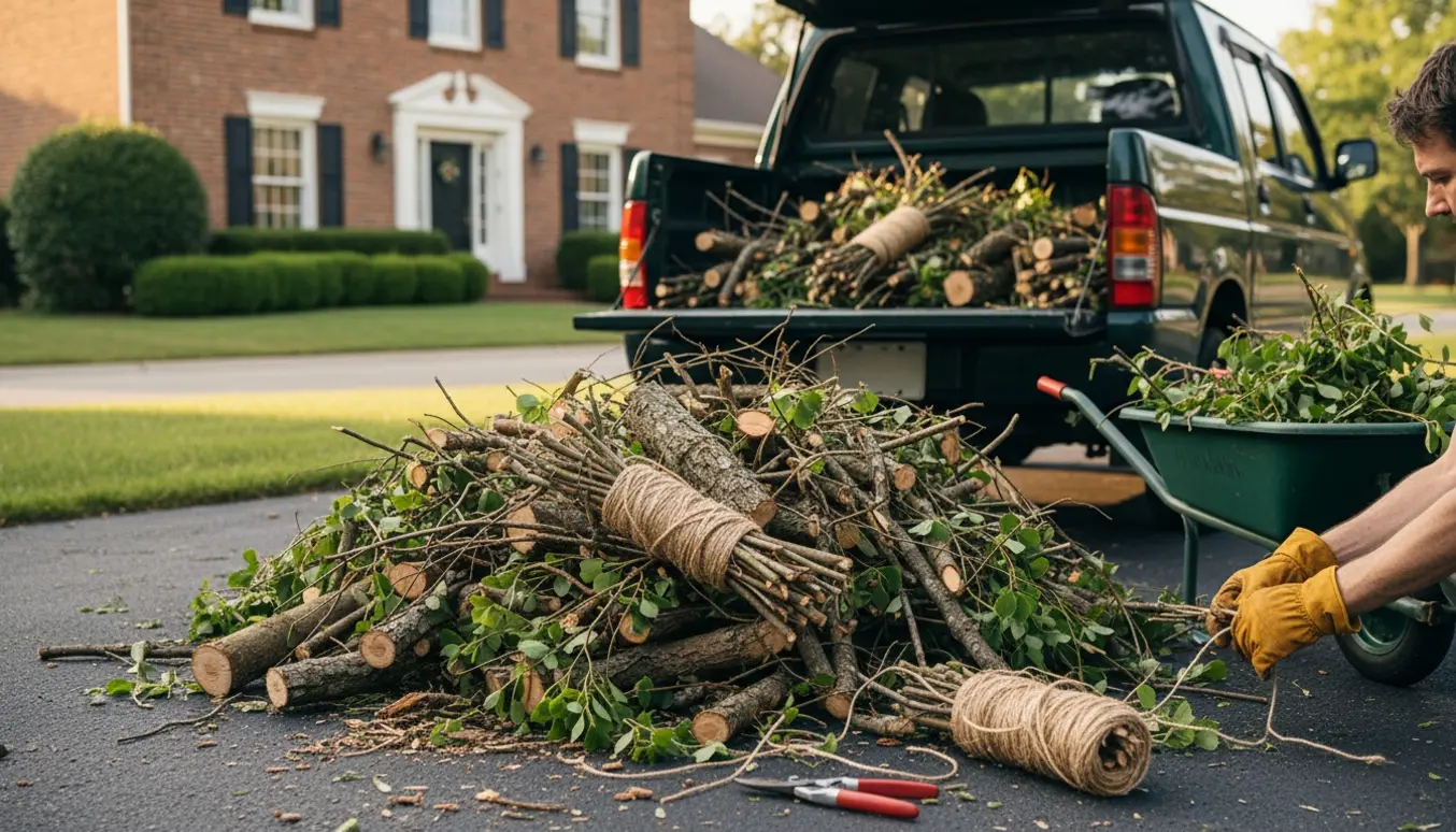Grene og kviste læsses i en åben pickup på en solrig indkørsel.