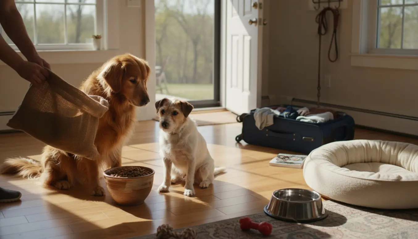 En huspasser hælder hundemad i en skål i en solbeskinnet stue med en åben kuffert ved døren.