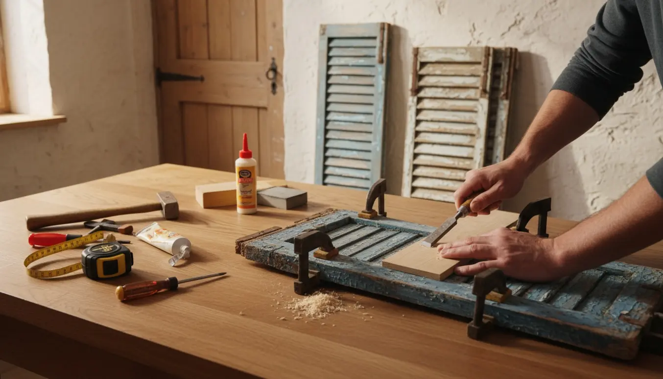 Hænder reparerer en gammel træskodde på et arbejdsbord med værktøj og flere skodder i baggrunden.