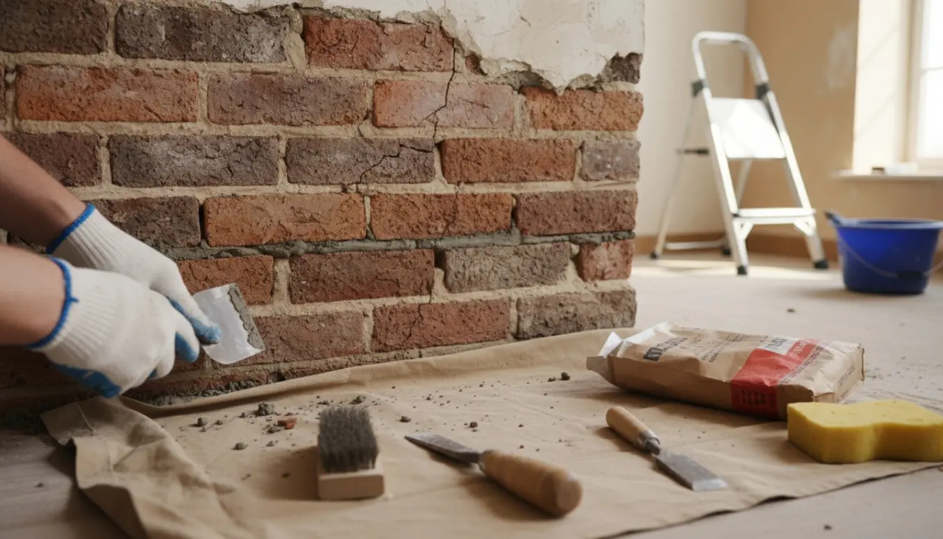 Nærbillede af handsker, der fylder fuger og reparerer små sætningsrevner i en indvendig mur med frisk mørtel.