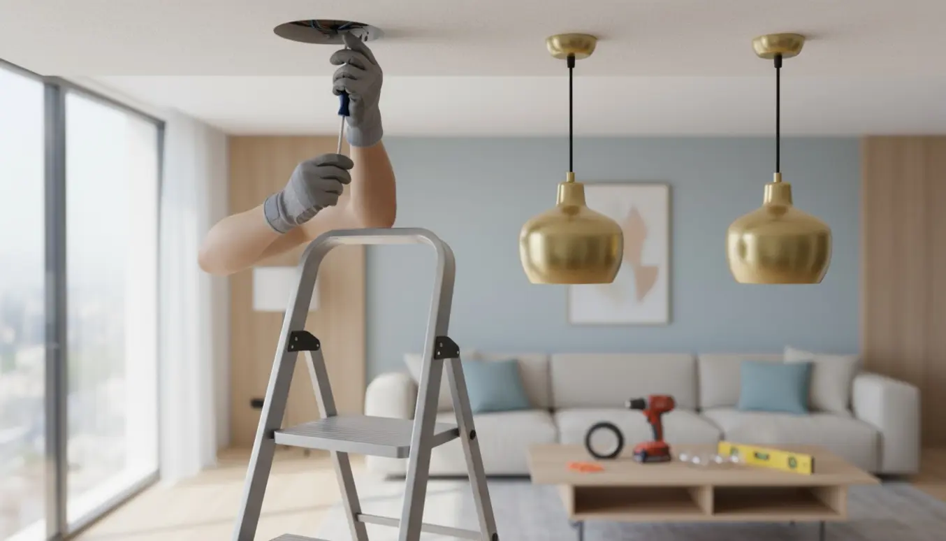 To loftslamper hænges op på et standardloft med synlige hænder, stige og værktøj i et lyst rum.