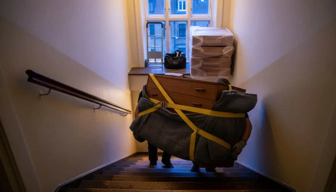 To personer bærer en kommode ned ad en smal lejlighedstrappe om aftenen, med flyttetæpper og værktøj på landingen.