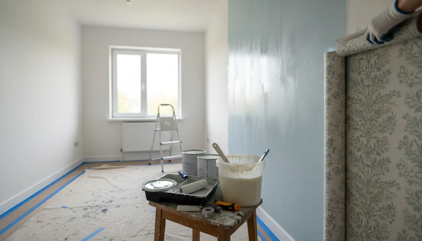Et lille 8 m² værelse under renovering med malergrej og delvist opsat tapet i naturligt dagslys.