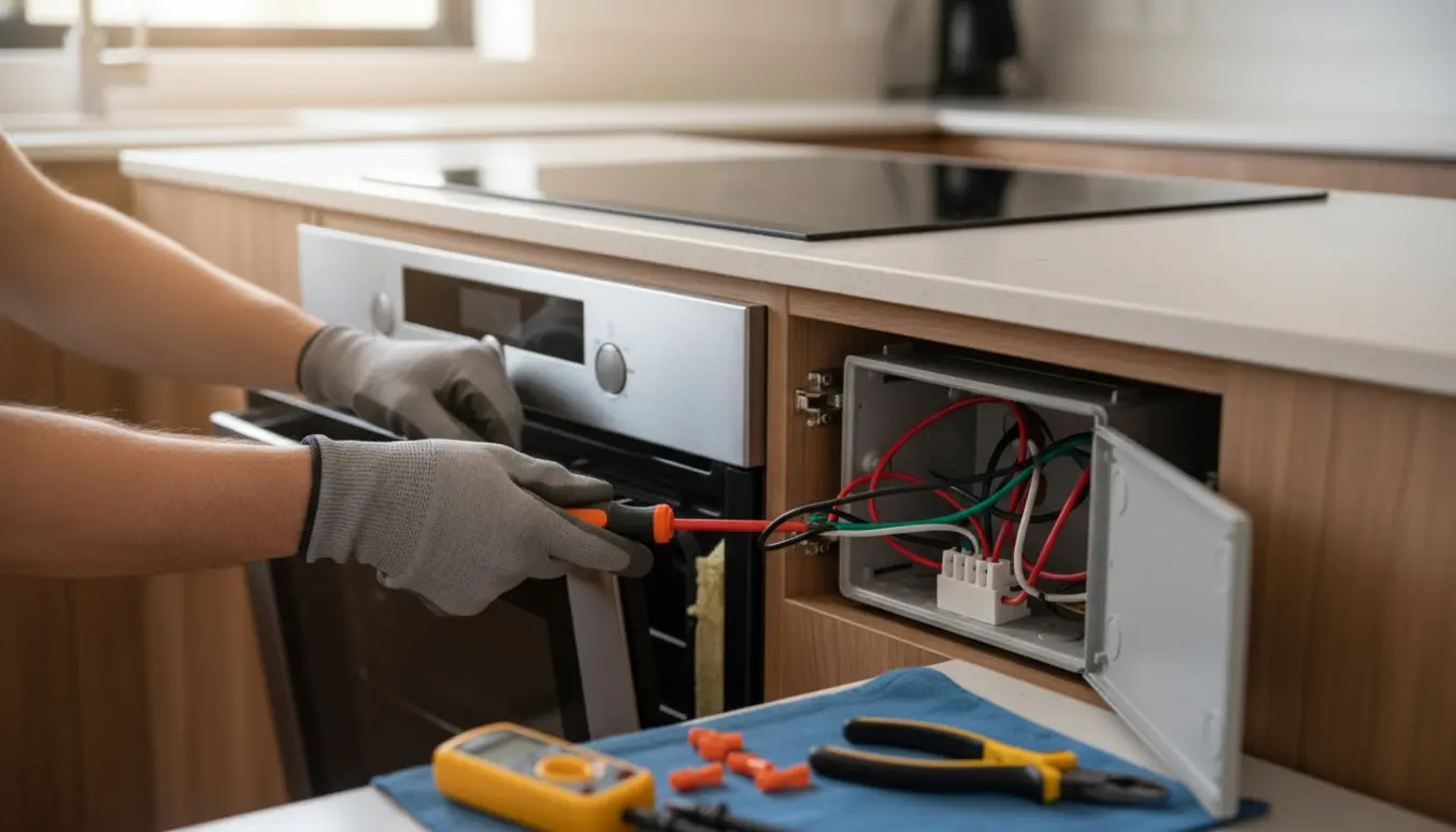 Nærbillede af hænder, der tilslutter ledninger i et åbent elskab ved siden af en indbygningsovn og induktionskogeplade.