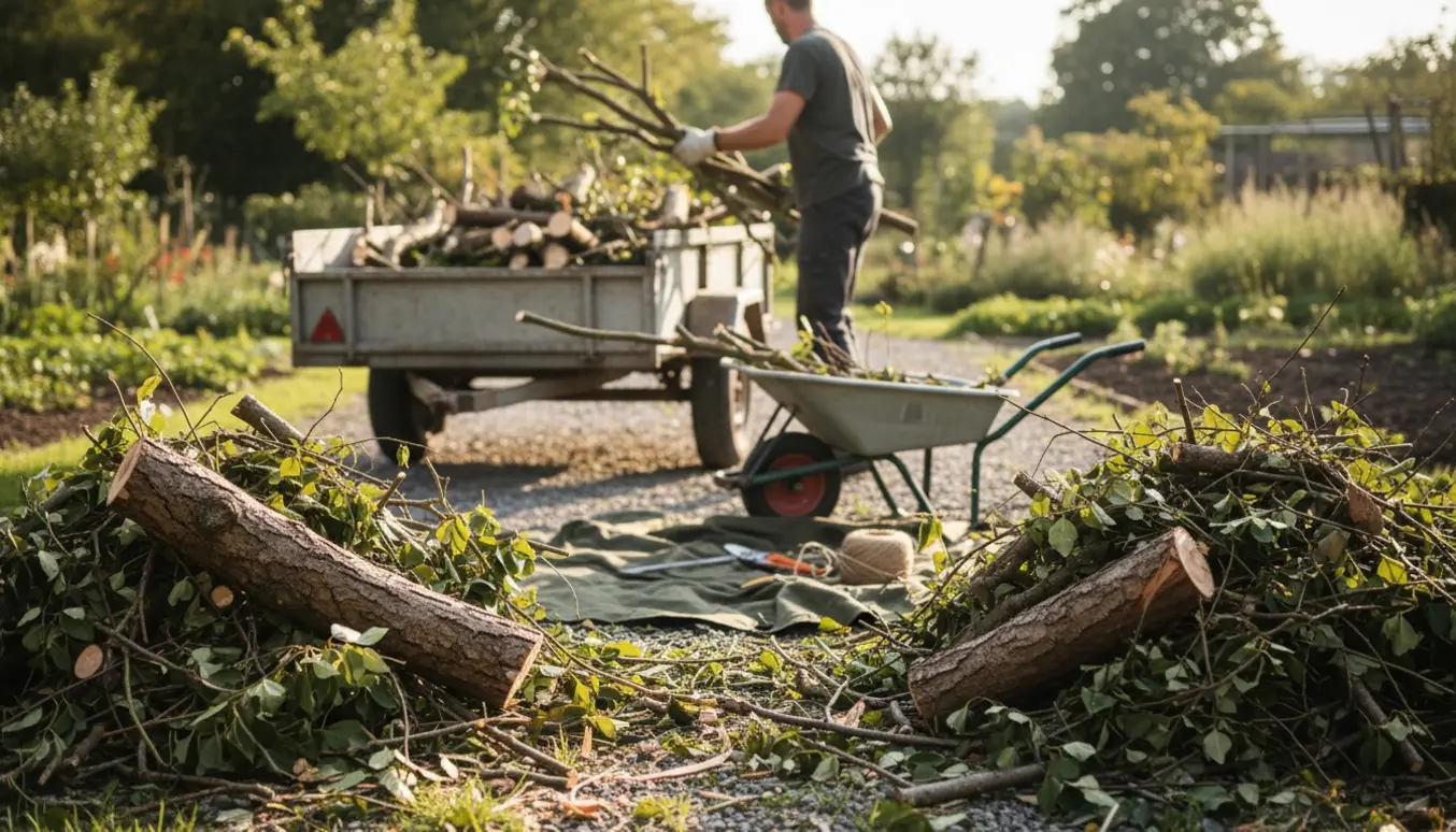 Store bunker med grene bliver læsset på en lille anhænger et par meter væk på en solskinsdag.