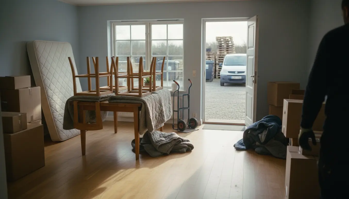 Interiør af et 80 kvm hus i Ulfborg under tømning med stabler af kasser og en åben flyttebil udenfor.