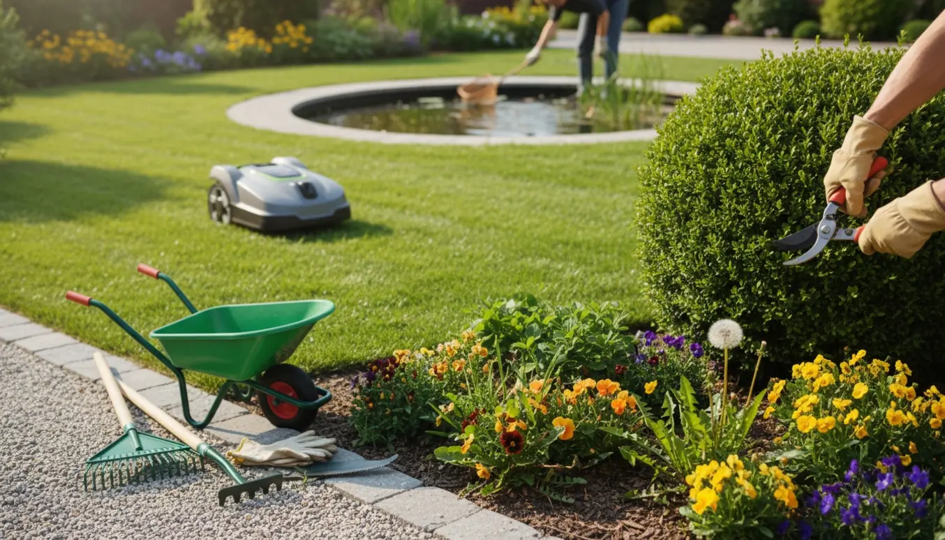 Robotplæneklipper på nyslået græs mens handsker og hækkesaks bruges til at trimme buske og fjerne ukrudt ved bed og indkørsel ved et lille bassin.