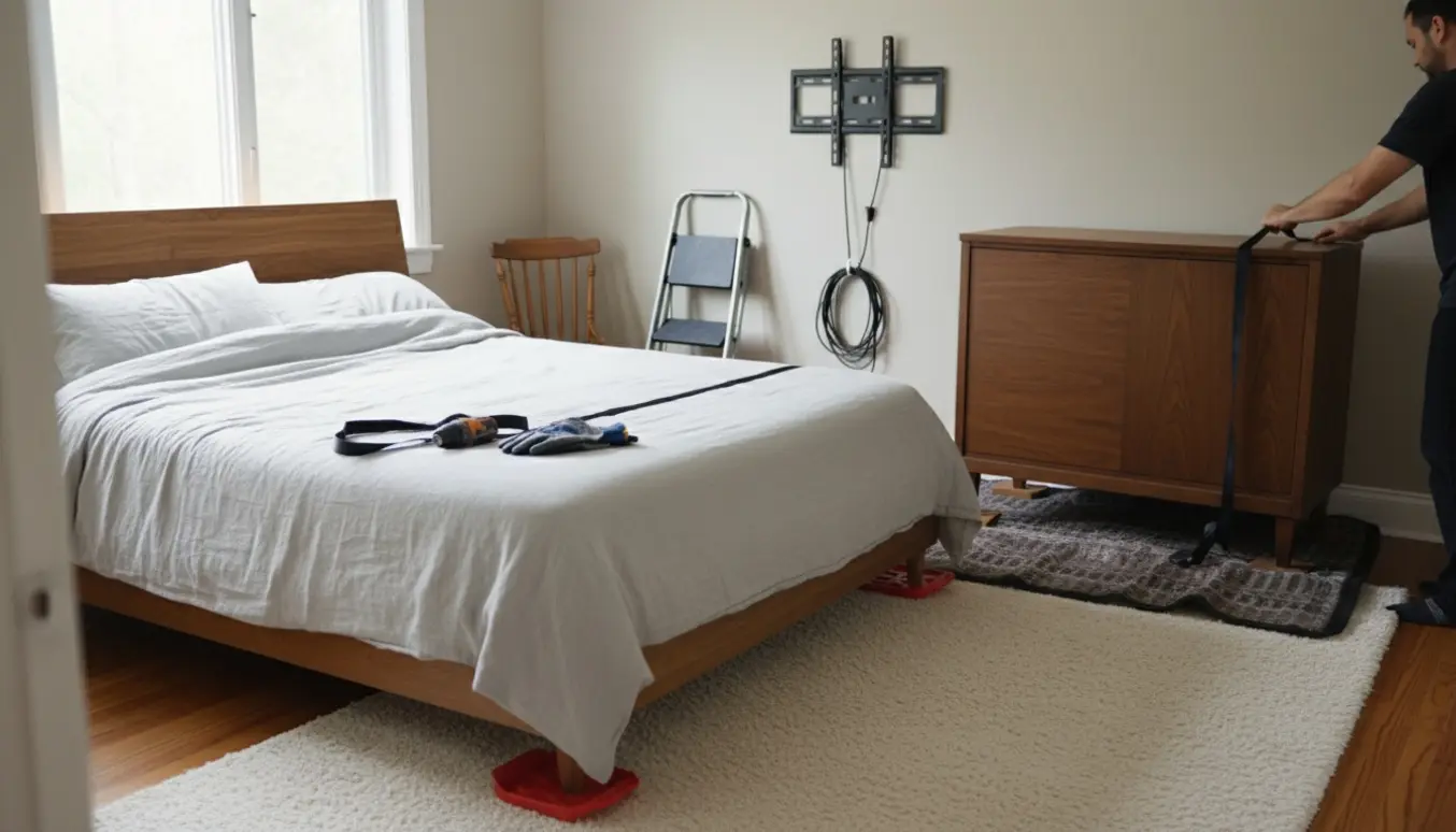 Seng og kommode vendes om i et værelse, mens et væghængt TV er taget ned, værktøj ligger klar.