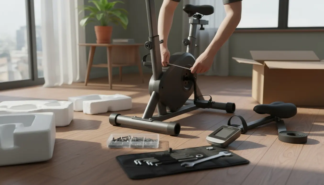 Delvist samlet motionscykel i stuen med hænder, der spænder en bolt, og værktøj omkring.