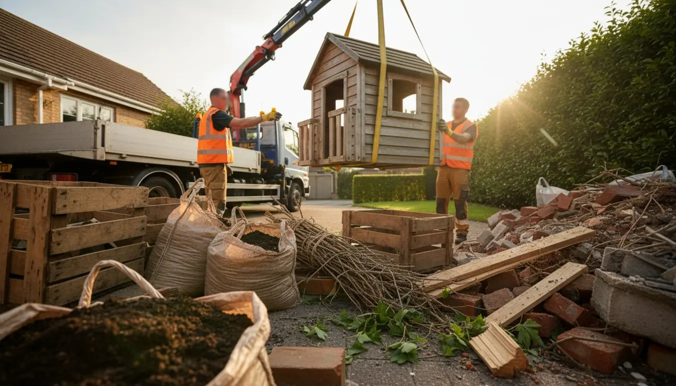 Lastbilskrane løfter et legehus over storskrald med jord i sække, trækasser, haveaffald og byggeaffald i en villahave.