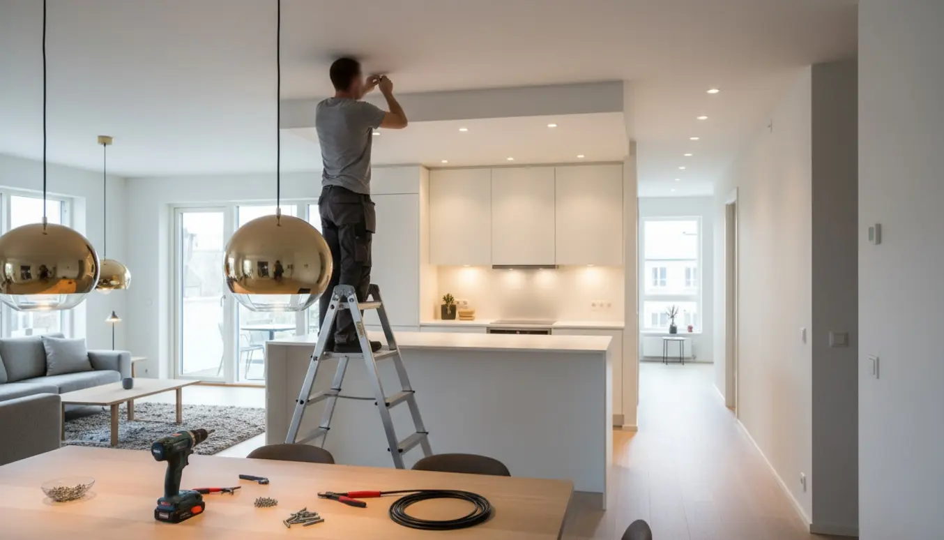 Moderne lejlighed hvor en håndværker monterer pendellamper i stuen og indbyggede spots i køkkenet og gangen.