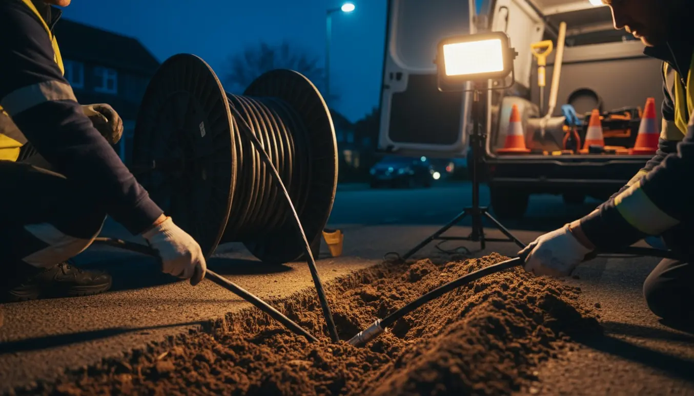 Nattebillede af arbejdstagere, der lægger en elkabel i en grøft med kabeltromle og arbejdslys.
