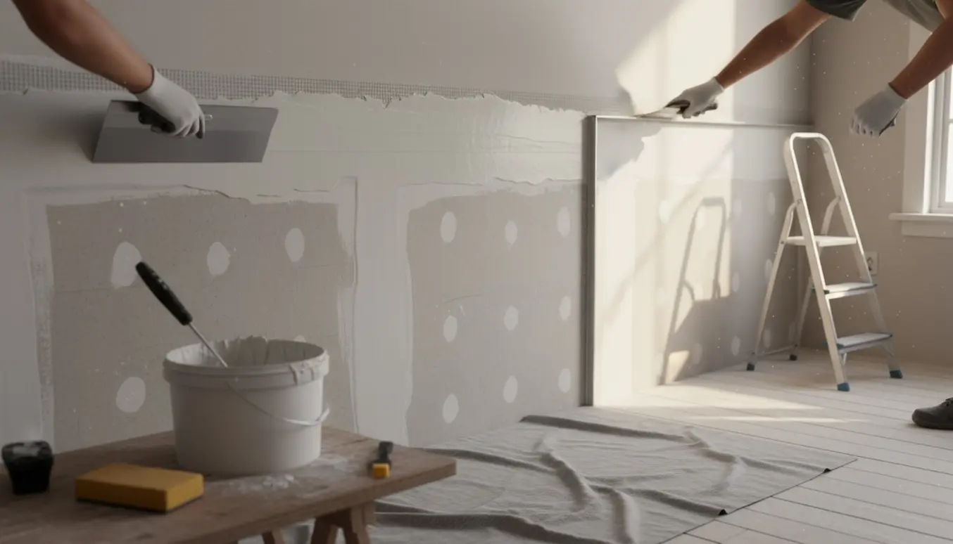 Nærbillede af hænder, der spartler begge sider af en gipsvæg med spartelmasse og værktøj i naturligt dagslys.