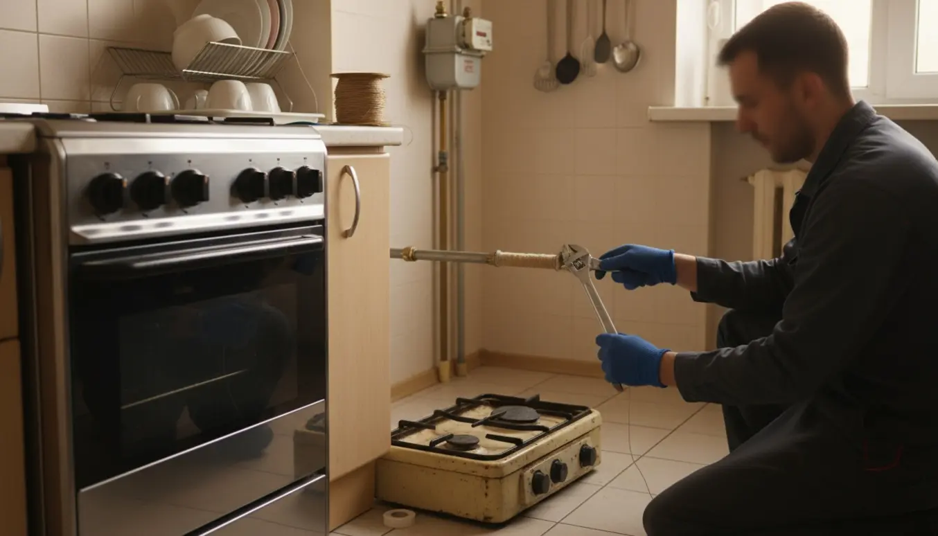 Tekniker udskifter gaskomfur og tætn­er gasrøret ved gasmåleren ved at vikle nyt pakningsgarn.