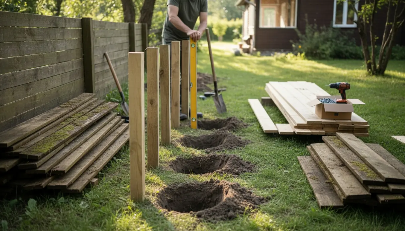 Sommerhusgrund med nedtaget råddent bræddehegn, nye 9x9 stolper, 240 cm brædder og værktøj klar til opsætning.
