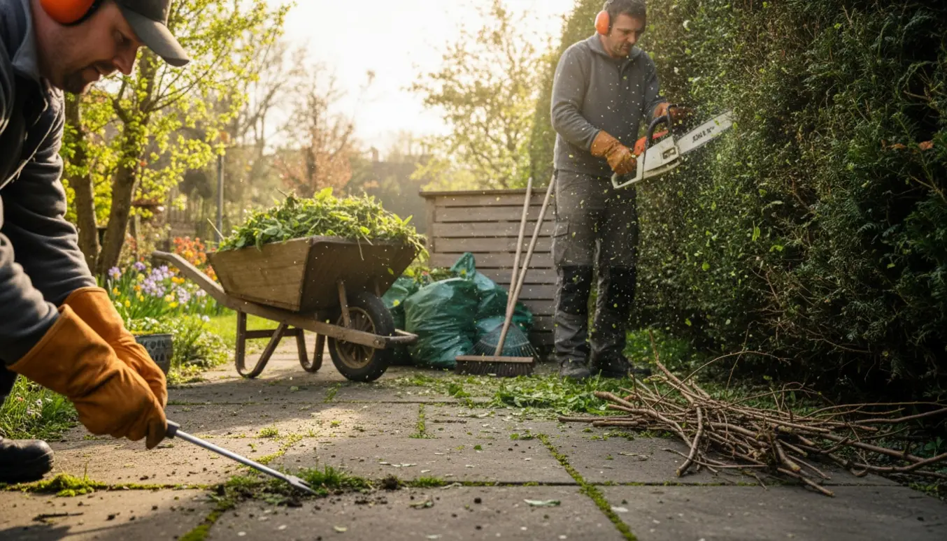 Person klipper hæk med motorsav, fjerner ukrudt mellem fliser og samler haveaffald i en wheelbarrow på en solrig forårsdag.