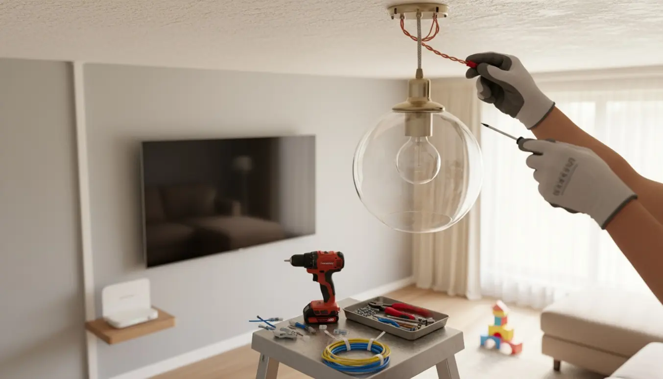Hænder monterer en ny loftlampe mens routerkabler samles i en kabelkanal oppe ved væggen for at holde dem ude af børns rækkevidde.