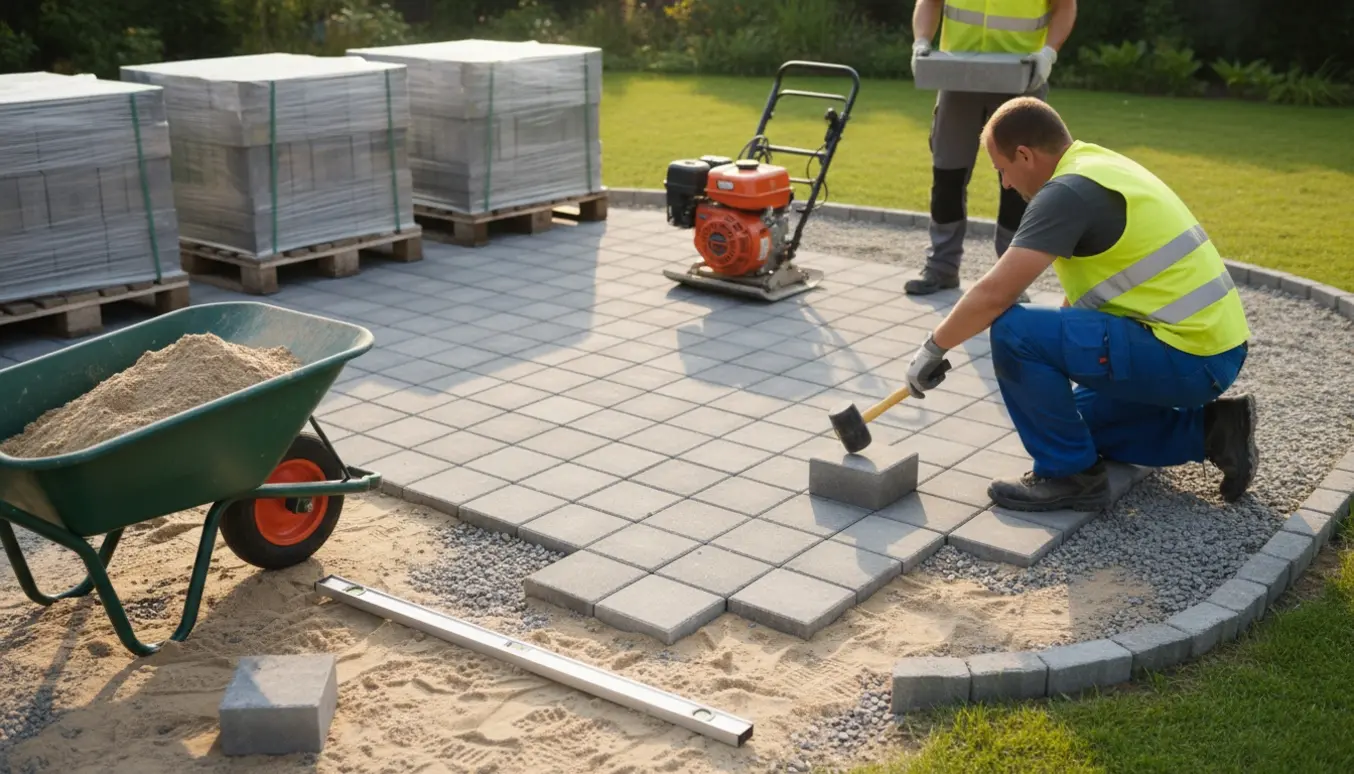 Firkantede betonfliser lægges på en forberedt bund i en have med værktøj og udstyr omkring.
