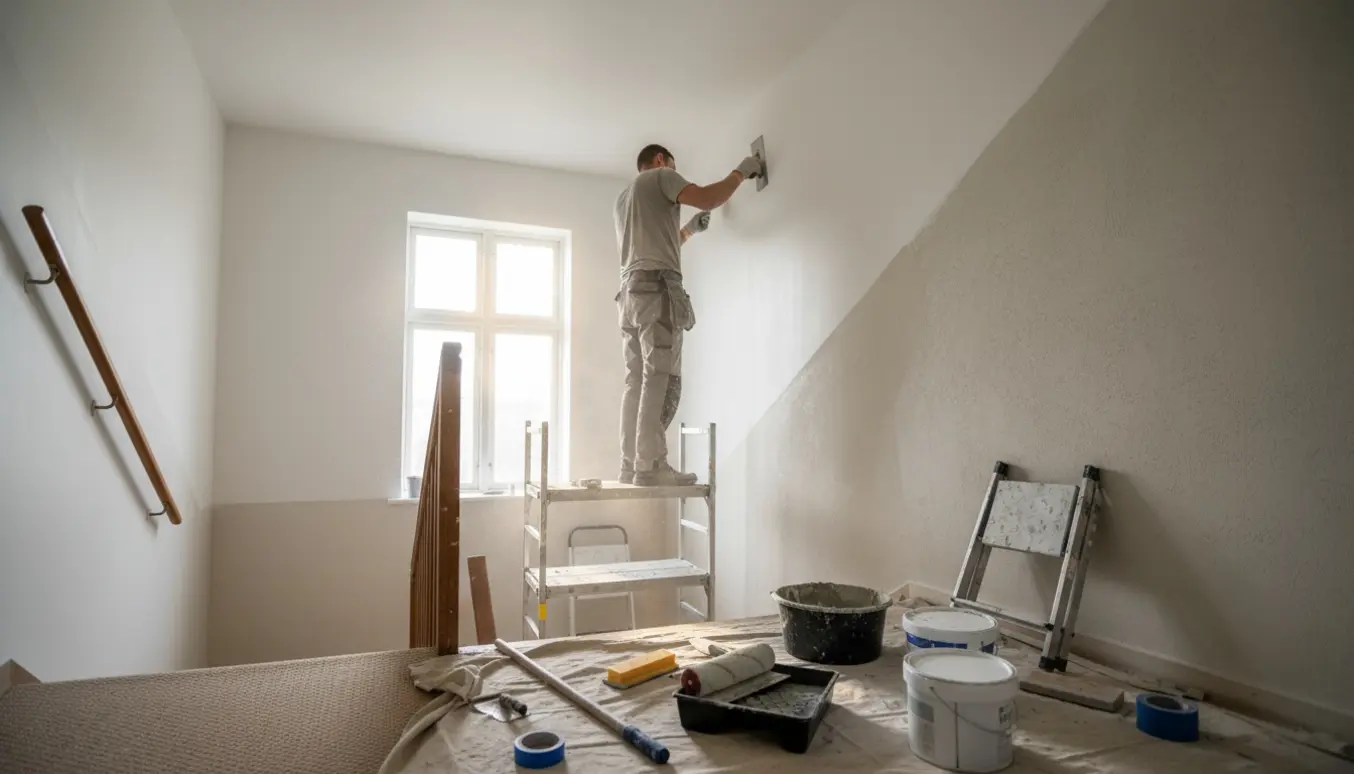 Trappeopgang under renovering med stillads, vandskuret væg og malerudstyr på afdækket gulv.